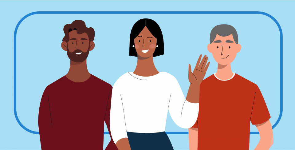 Illustration of three people waving with a blue background.