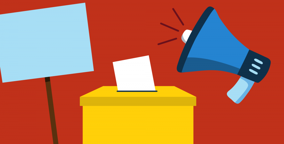 Red background with a yellow voting box in the middle and a picket sign and megaphone on either side.