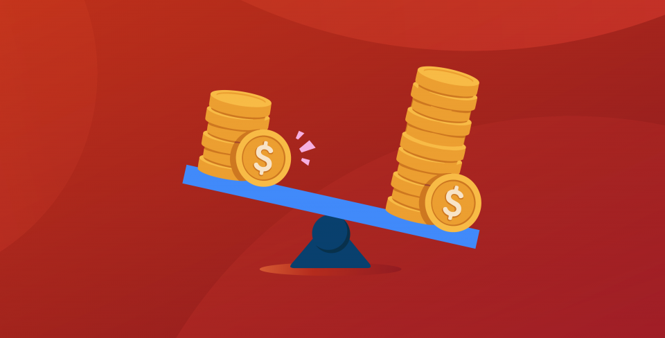 Gender pay gap graphic Illustration of a tilted balance scale showing unequal stacks of coins, representing the gender pay gap.
