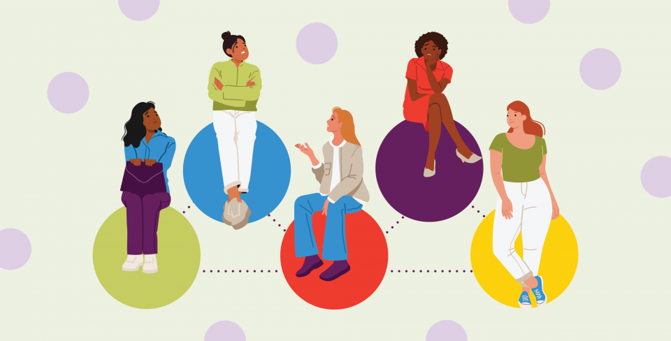 Light green background with polka dots and a group of women with concerned expressions sitting on colourful circles discussing with each other. 
