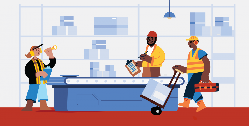 Graphic of three characters representing PSAC members working around a desk.