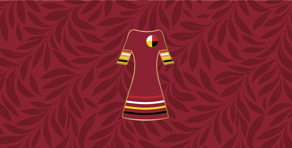 Red dress artwork on a deep red, leaf-patterned background.