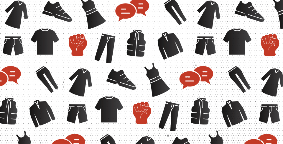 Images of black pants, tops, dresses, and shoes mixed with red solidarity fists and speech bubbles on a white background.