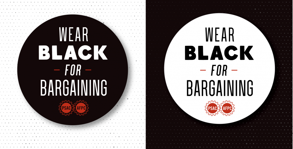 A white background with black stick, and black background with white sticker, each saying "Wear black for bargaining"