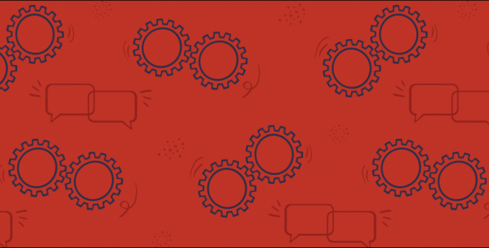 Red graphic with cogs and speech bubbles. 