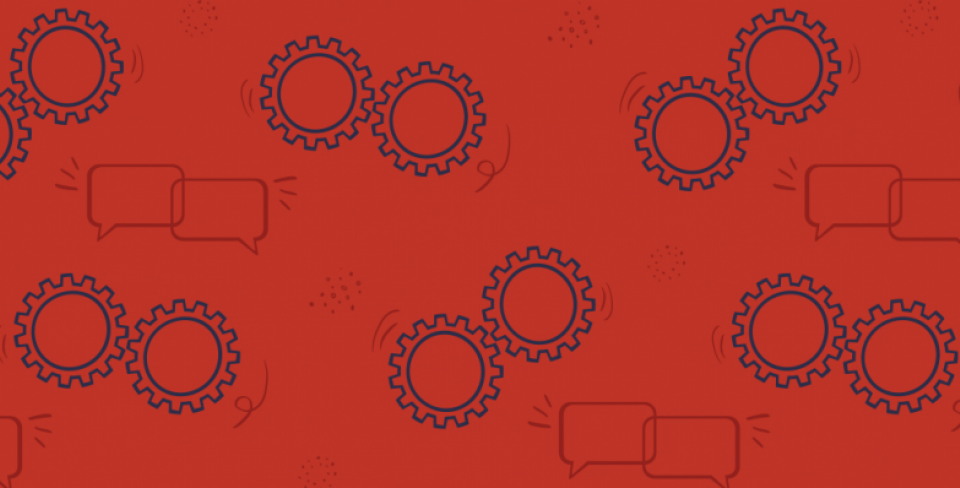 Red graphic with cogs and speech bubbles. 
