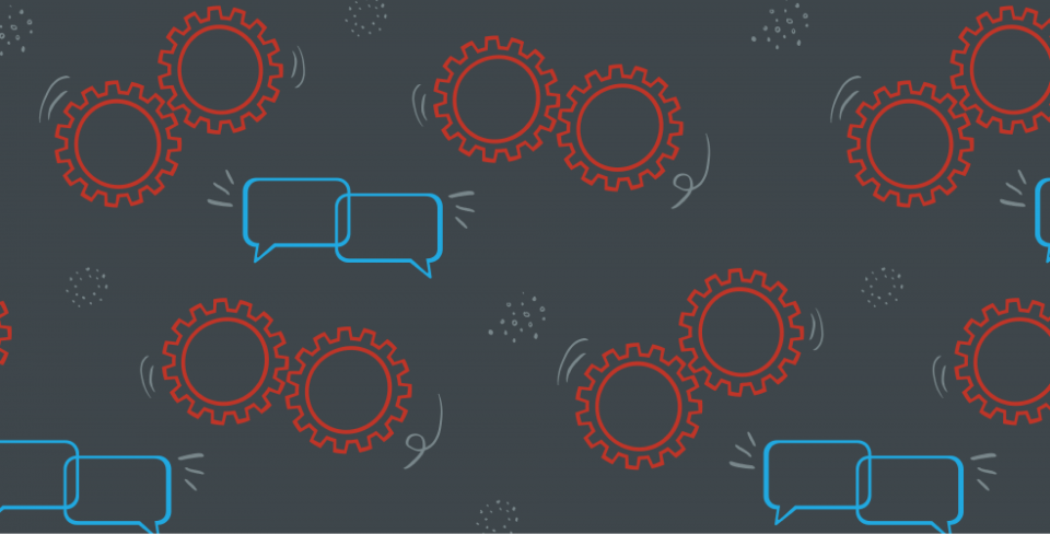 Grey background with a pattern of red cogs and blue chat bubbles.