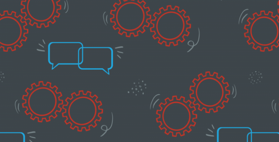 Grey background with a pattern of red cogs and blue chat bubbles.