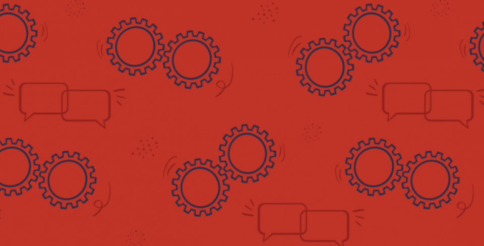 Red graphic with cogs and speech bubbles. 