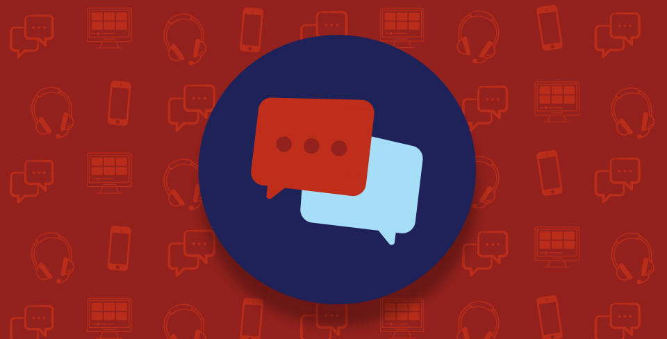 Red graphic with red and blue speech bubbles in the middle.