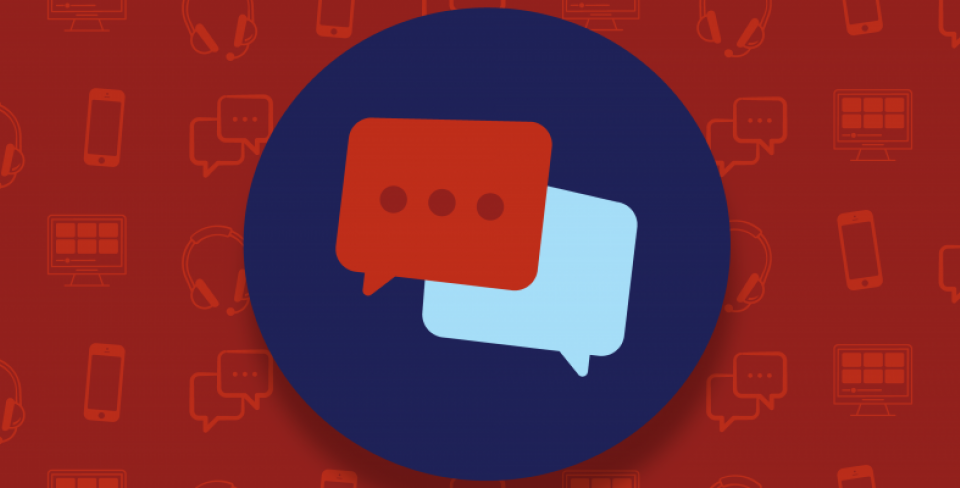 Red graphic with cogs and speech bubbles. 