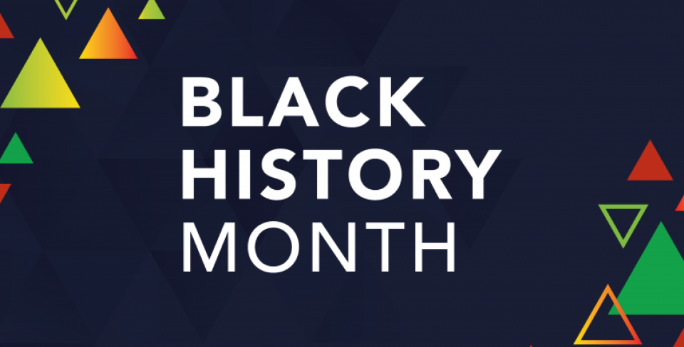 Black History Month graphic Dark blue “Black History Month” banner with bold white text and colourful triangles around the edges.