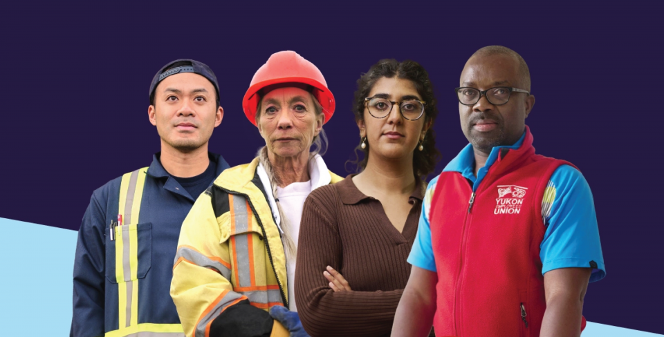 Four public service workers from different fields stand facing the camera in front of a purple background.