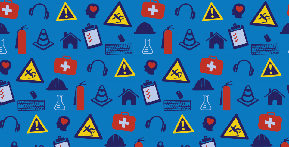 Blue background with clip art images of health and safety icons such as first aid kits, caution signs, and earmuffs.
