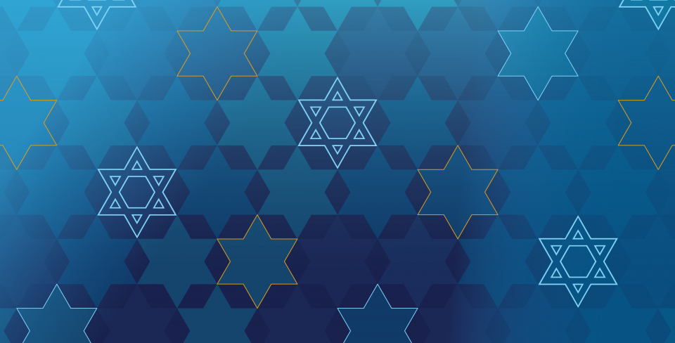 Blue geometric background featuring overlapping Stars of David in varying shades of blue and gold.