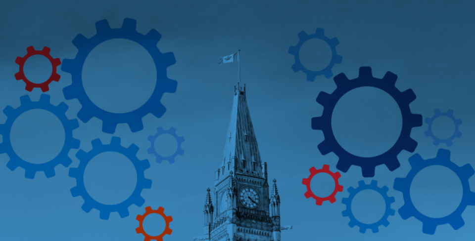 Blue graphic with the top of the Parliament building and a collage of cogs.