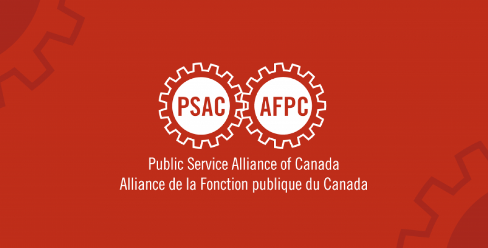 Red graphic with the Public Service Alliance of Canada (PSAC) bilingual logo in white in the middle. 