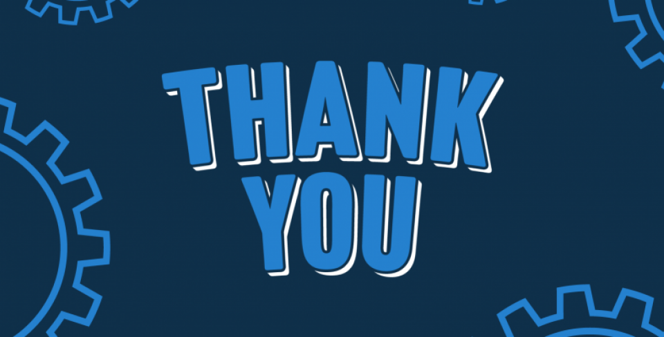 Thank you graphic Blue graphic with cogs that says "Thank you"