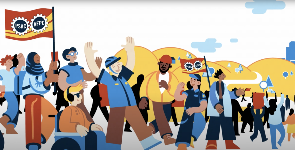 A crowd of illustrated characters with PSAC flags
