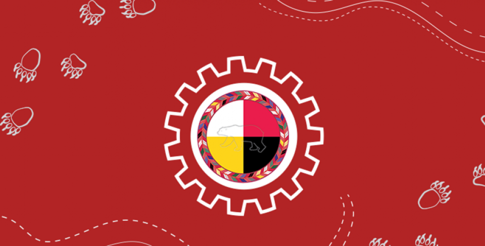 Red background with National Indigenous Peoples Circle logo in the middle