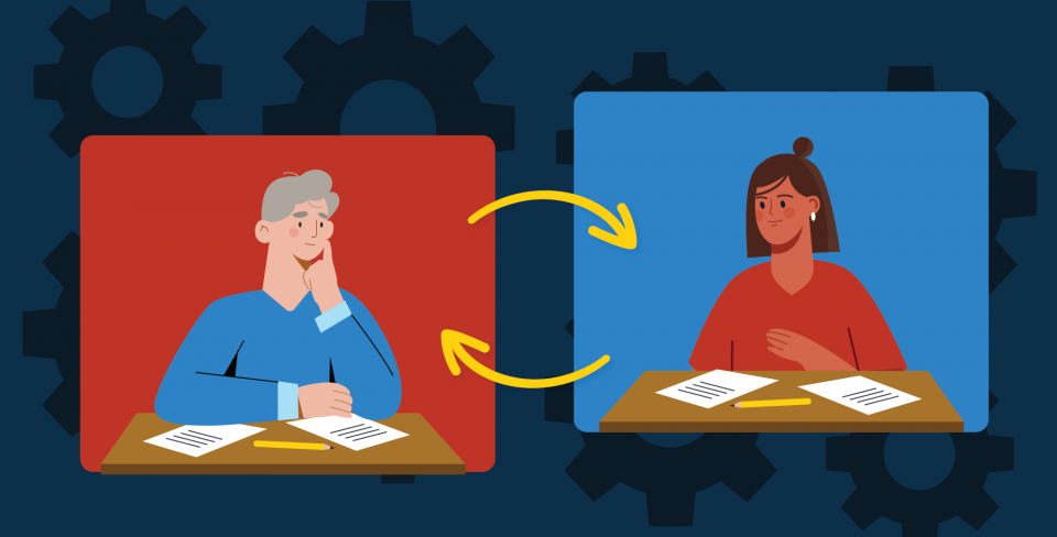 Two people looking at each other with circular arrows between them