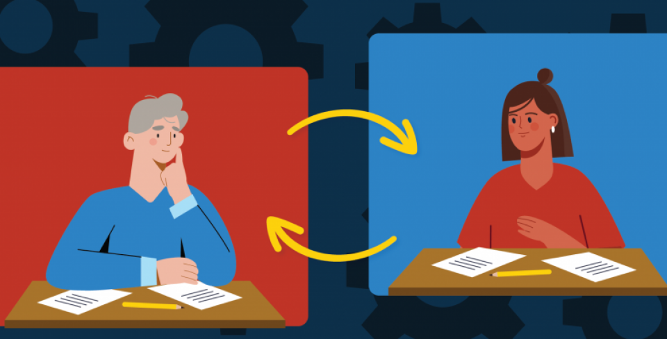 Two people looking at each other with circular arrows between them