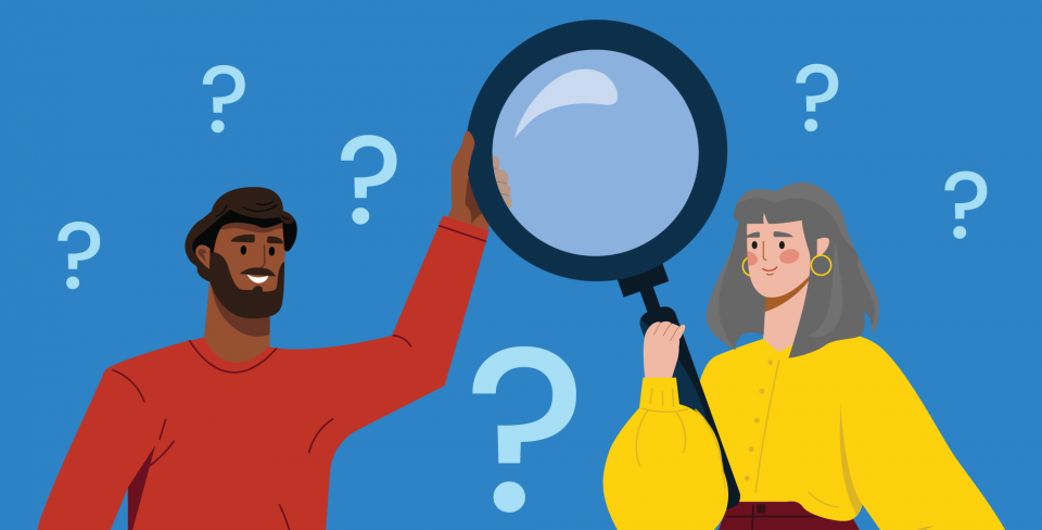 Two people holding a magnifying glass with question marks around them