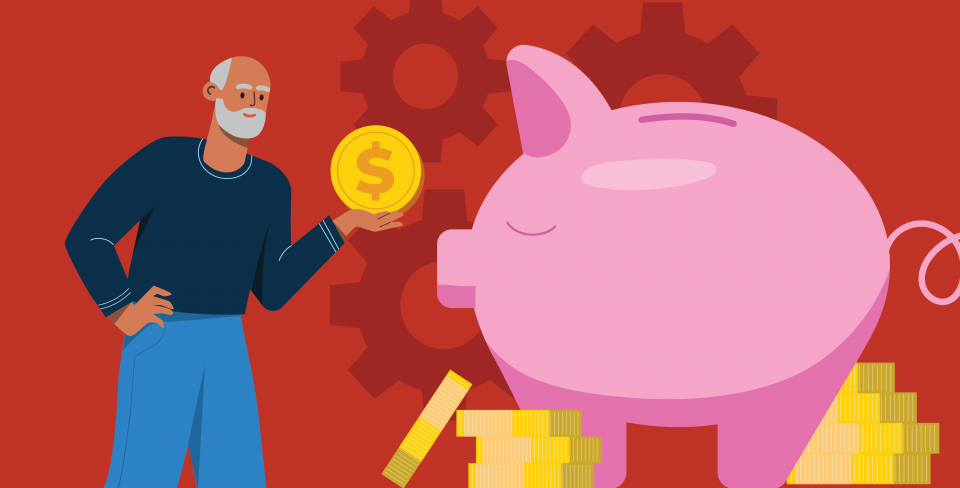 Illustration of a man putting a coin into a giant piggy bank.