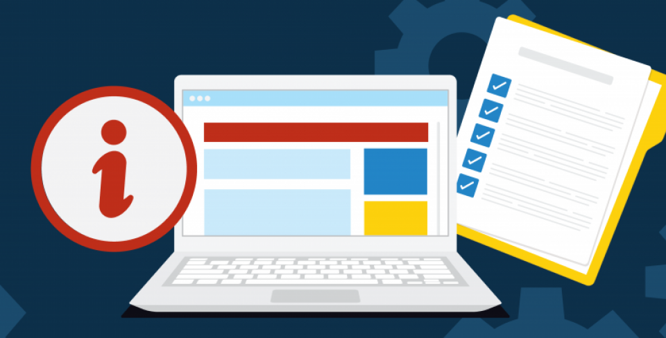 Laptop, clipboard, and an information bubble