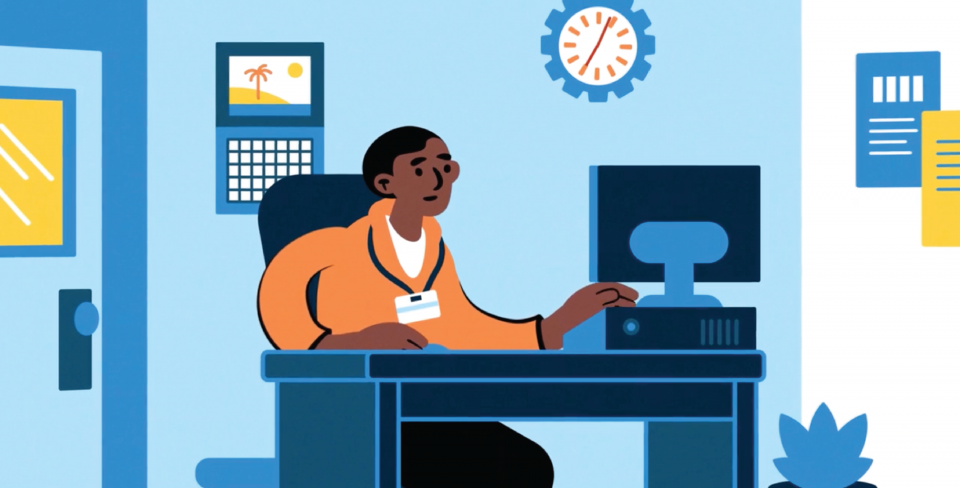 Screen grab from the video of a person sitting at a desk and looking at a computer