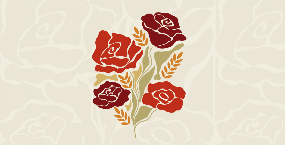 Graphique représentant des roses rouges et des brins de blé jaunes sur fond blanc.