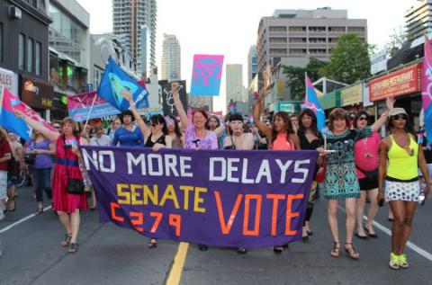 A colourful crowd of people fill the street, waving flags and holding a banner that reads: “No more delays: Senate Vote C-279” at the 2014 World Pride March in Toronto