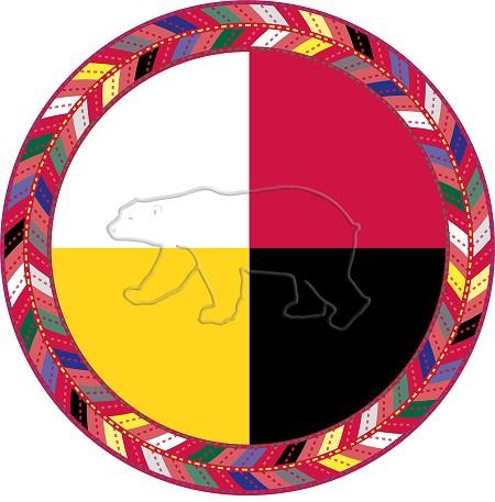 Logo the NAPN: circle with a transparent bear in the middle. Each quarter has a different color. Clockwise, starting from the upper right: red, black, yellow and white.