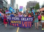 A colourful crowd of people fill the street, waving flags and holding a banner that reads: “No more delays: Senate Vote C-279” at the 2014 World Pride March in Toronto